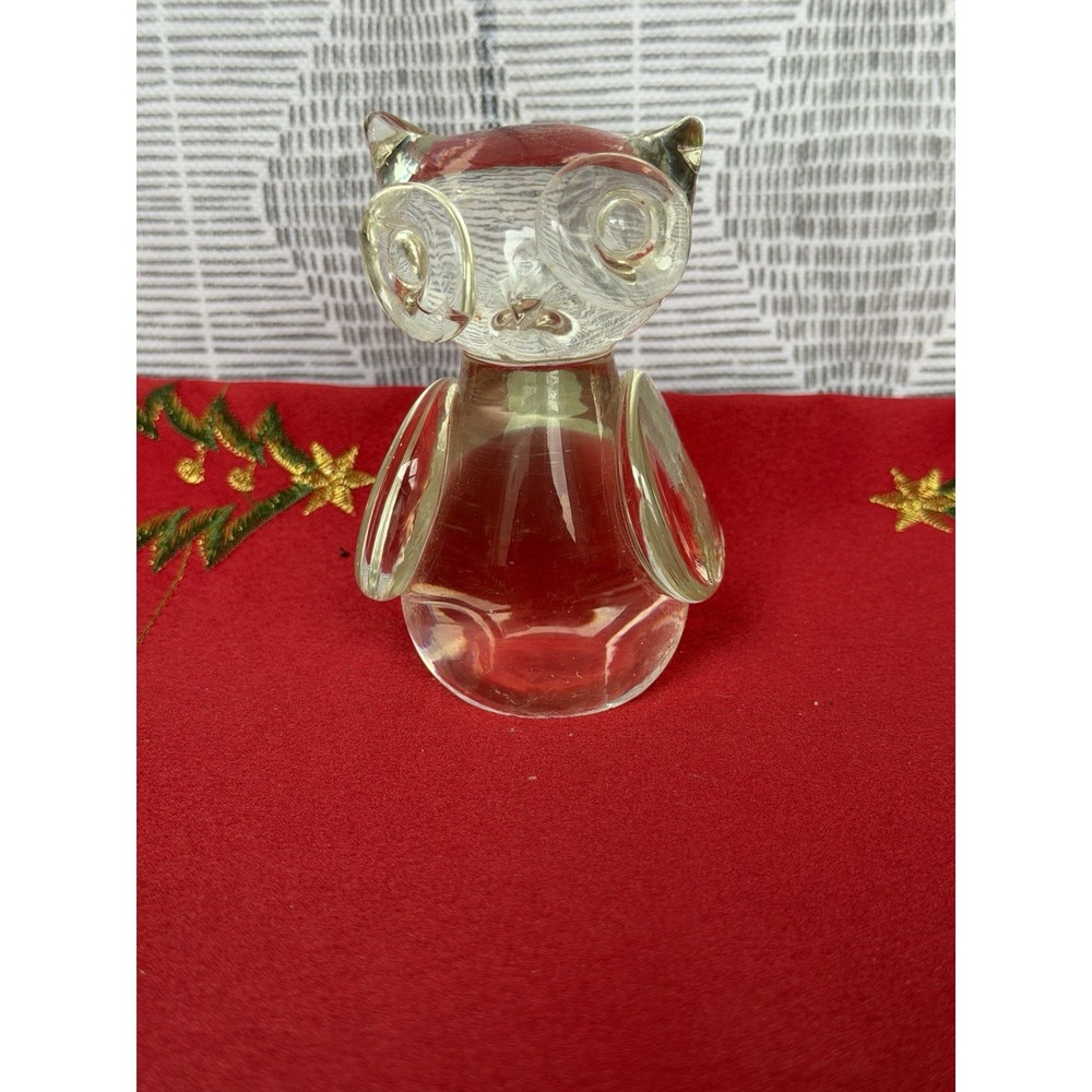 Vintage Owl Figurine Big Eyed Glass Crystal Paperweight Clear Hand Blown